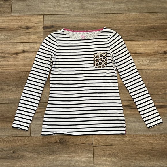 Women's Boden Benton Pocket T Shirt SZ 4 Striped Leopard Print Cotton L/S - Picture 1 of 10